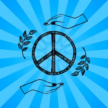 International peace day poster with two hands protecting sign of freedom vector illustration with olive branches on blue background with rays