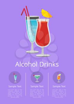 Alcohol drinks advertising poster with icons alcoholic beverages in festive decorated glasses. Vector illustration with cocktails in circles and text