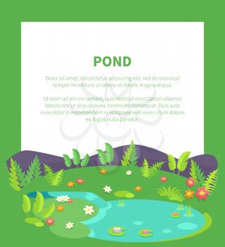 Pond banner with place for text and tropical bushes and green leaves, flowers of different color, water lilies on background of hills or stones