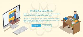 Distance learning banner. Isolated vector illustration of computer with recording of teacher conducting lecture and student listening to online