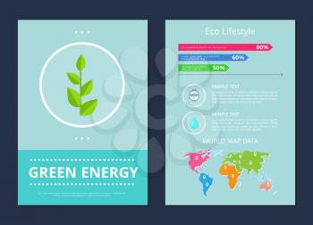Green energy and eco lifestyle, posters collection with text sample and percentage, icons of circular form and map, isolated on vector illustration