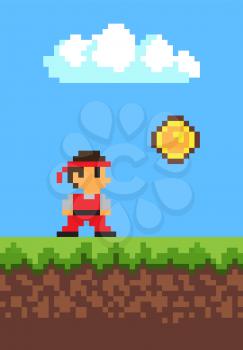 Man collecting coins, 2d game, pixel illustration, white cloud, vector image with ground and grass, blue sky, pixel man in red clothing, money icon