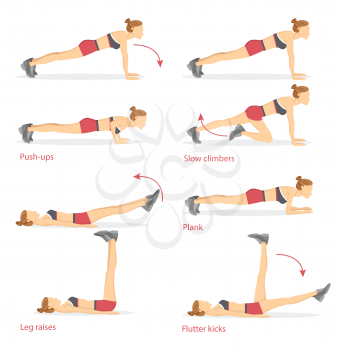 Push ups and slow climbers, plank and flutter kicks, leg raises, set of tabata exercises, tabata collection vector illustration isolated on white