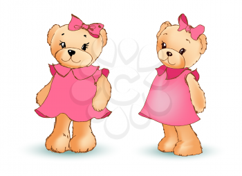 Adorable soft toy bear in pink dress with bow in head stands straight and in cute shy pose isolated vector illustrations set on white background.