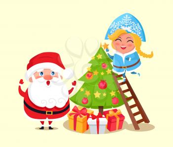 Santa Claus and Snow Maiden decorating Christmas tree, winter characters and pine with balls and stars, presents isolated on vector illustration