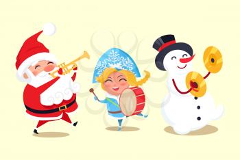 Santa Claus and Snow Maiden with snowman having fun and playing musical instruments, trio by winter characters isolated on vector illustration