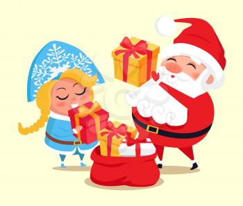 Snow Maiden and Santa Claus with gifts, packing red bag with presents to deliver them to children during wintertime holiday vector illustration