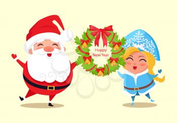Happy New Year and wreath as frame with headline, bell and ribbons, Santa Claus and Snow Maiden smiling and standing isolated on vector illustration
