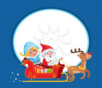 Smiling Santa Claus and Snow Maide with blue eyes, bring gifts in harness sleigh with deer, against background of Moon, vector icon with frame