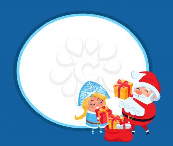 Snow maiden and Santa Claus vector illustration, poster with grandfather and granddaughter are unpacking gift boxes, isolated on dark blue background