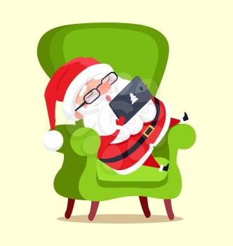 Santa Claus with tablet sitting on green chair icon isolated on white background. Vector illustration with Christmas symbol checking out his device