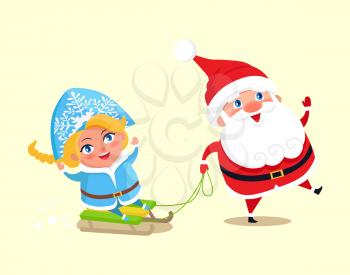 Santa carry snow maiden on sleigh vector colorful illustration isolated on white. Happy Father Christmas and grand daughter having fun, winter holidays
