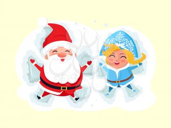 Snow Maiden and Santa Claus making angel on snow icon isolated on white background. Vector illustration with Christmas characters having fun in deep snow