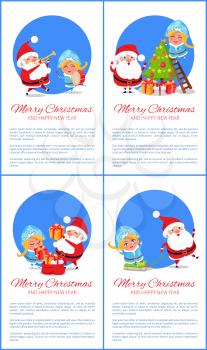 Merry Christmas and Happy New Year posters with Santa and Snow Maiden playing on trumpet and drum, put presents into sack, decorate tree, ride sleigh