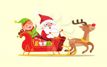 Santa and elf cartoon characters riding on sleigh full of gift boxes on reindeer animal vector illustration cartoon characters isolated on white