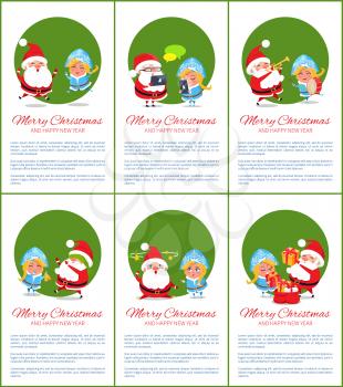 Merry Christmas and happy New Year, characters chatting, jumping and selecting gifts, Santa Claus and Snow Maiden isolated on vector illustration