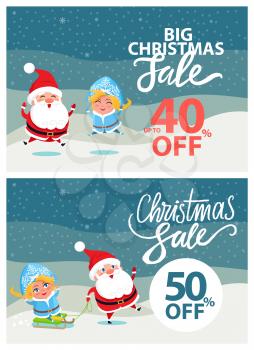 Big Christmas sale half price with Snow Maiden and Santa Claus on bright wintertime background. Vector illustration with discount percentage value
