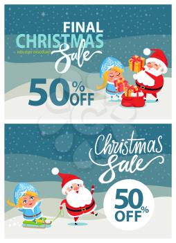 Final Christmas sale banner with Santa Claus and happy Snow maiden giving presents and riding on sleigh on winter landscape background at midnight