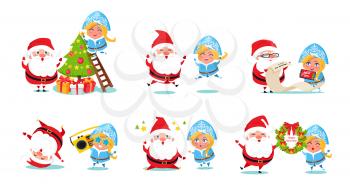 Santa Claus with Snow Maiden set of icons isolated on white. Vector illustration with congratulation from fairy tale winter characters and Christmas tree
