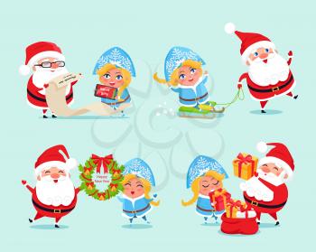 Happy New Year list of gifts, Snow Maiden help Santa Claus prepare presents for kids, riding on sled, holding wreath with bells vector illustration