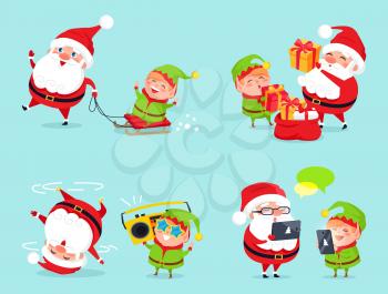 Santa Claus and elf adventures set, having fun while riding on sled, listening music and surfing Web on laptops with sign vector illustration