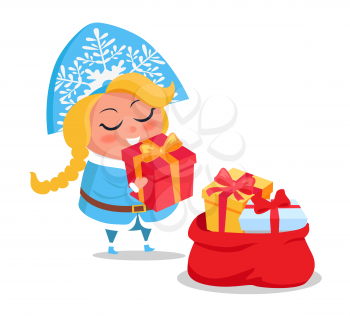 Snow Maiden with presents icon isolated on white background. Vector illustration with beautiful Santa s helper holding red gift box decorated with bow