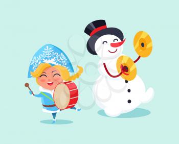 Snow maiden play on drums and snowman on cymbals vector illustration cartoon characters isolated on blue background. Drum kit perform by fairy heroes