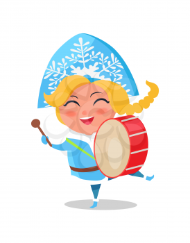 Snow maiden play on drums vector illustration cartoon character isolated on white background. Drum kit perform by fairy hero russian snegurochka