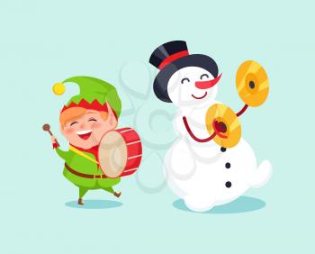 Cute elf playing on drum, snowman with ymbal musical instrument vector illustration cartoon winter characters isolated on blue background, music band