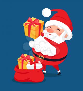 Merry Santa Claus put presents into red bag, Father Christmas get ready to winter holidays, vector illustration postcard isolated on blue background