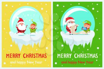 Merry Christmas and Happy New Year set of cards, cute Santa and Elf playing with snow and reading list of gifts in glass bowls, vector illustration
