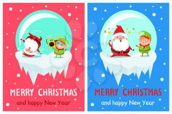 Merry Christmas and happy New Year poster with Elf and Santa in crystal ball, little helper in shock and Xmas father rests, dance at music vector
