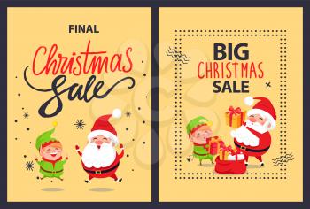 Big sale final Christmas discounts posters set with elf in green costume and Santa Claus putting presents into red bag full of wrapped gift boxes vector.
