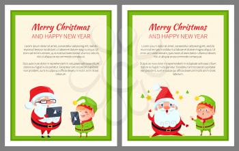 Merry Christmas and happy New Year, elf, dressed in green costume, and Santa Claus, wearing glasses, looking at laptops, vector illustration