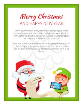 Merry Christmas and Happy New year posters with Santa and elf vector with place for text. Father Christmas and little helper reading gifts list together