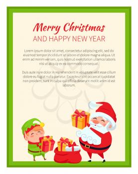 Happy New Year and merry Christmas bright banner with cute elf and Santa Claus in green frame. Vector illustration with fairy tale xmas characters