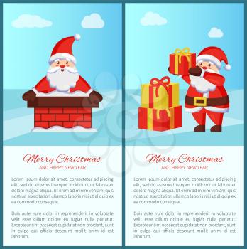 Merry Xmas and Happy New Year poster with text, Santa Claus and presents icon. Vector illustration with fairy tale winter character in brick chimney