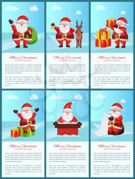 Merry Xmas and Happy New Year poster Santa Claus and presents, deer animal, chimney pipe, wish list scroll, daily activities of winter character