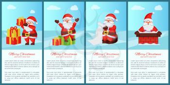 Merry Xmas and Happy New Year poster Santa Claus and presents, chimney pipe, wish list scroll, daily activities of winter character banners with text