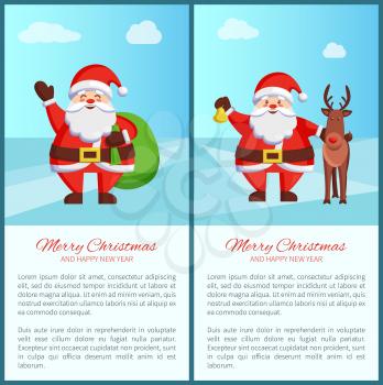 Merry Christmas Santa Claus and green bag, positive emotions, character standing with reindeer, information sample and letterings vector illustration