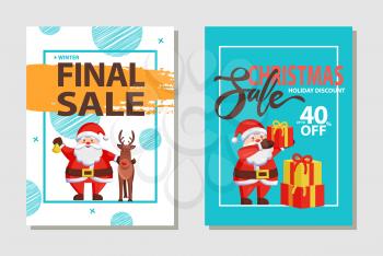 Final Christmas sale, holiday discount headlines and Santa Claus in traditional costume with presents and gift boxes, deer animal isolated on vector