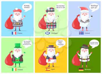 France and Scotland, Iceland and Ireland, set of Santa Clauses visual representations, translation of happy New Year and flags vector illustration