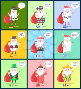 Germany and Scotland, Iceland and Spain, Santa Clauses with greeting of happy New Year and flags of countries isolated on vector illustration