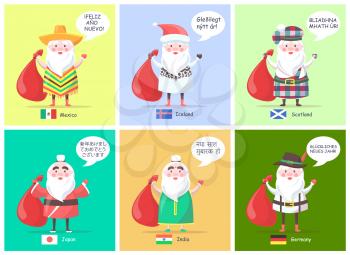 Mexico and Iceland Santa Clauses with greeting happy New Year translated in different languages, flags and old men isolated on vector illustration