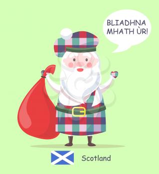 Scotland and Santa Claus poster, man standing in traditional clothes, with pattern and saying happy New Year in Scottish, vector illustration
