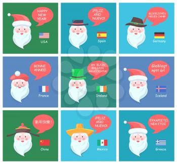 Santa Clauses on festive posters with New Year greetings in languages from all over world and small national flags cartoon vector illustrations set.