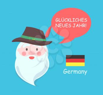 Germany Santa Claus poster with translation of happy New Year phrase in German, flag and elderly man with beard and hat, vector illustration