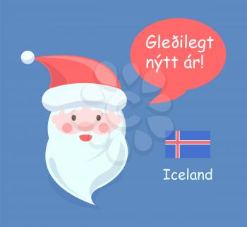 Iceland Santa Claus poster with translated happy New Year phrase and old man with hat and beard, icon of Icelandic flag, vector illustration