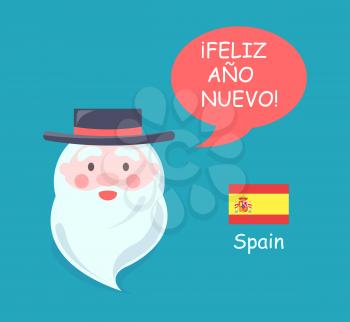 Spain Santa Claus translation on Spanish of happy New Year phrase, bearded man, wearing black hat, vector illustration isolated on blue background