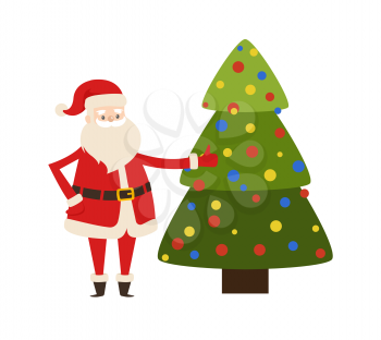 Santa Claus near New Year tree vector illustration poster with decorated spruce and Saint Nicholas character vector isolated on white